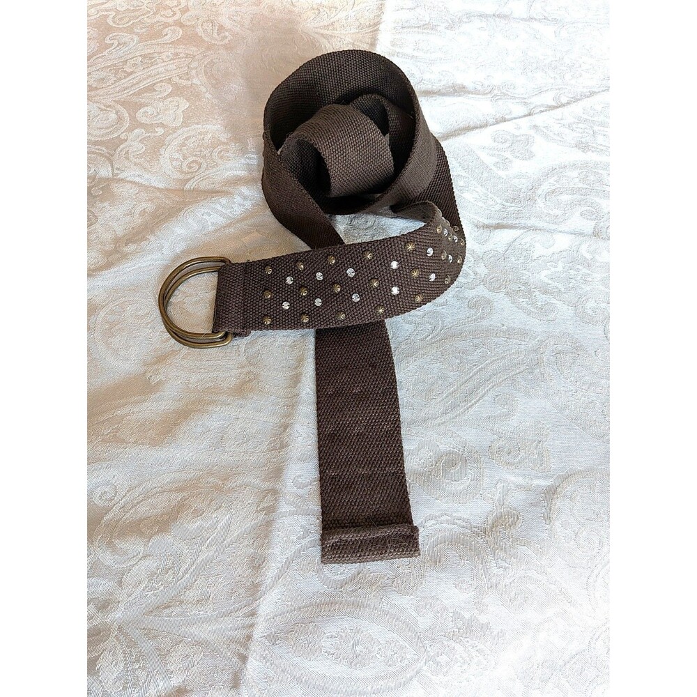 Vintage 90s D-Ring Deep Brown Canvas Web Belt with Rhinestones/Studs Size 16